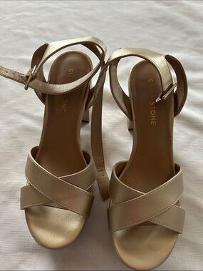 Sun + Stone Metallic Gold Crisscross Ankle-Strap Block Heel Sandals